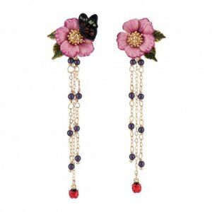 Les Nereides Rose D'Orient Pink Flower With Chains, Caterpillar & Stud Earrings
